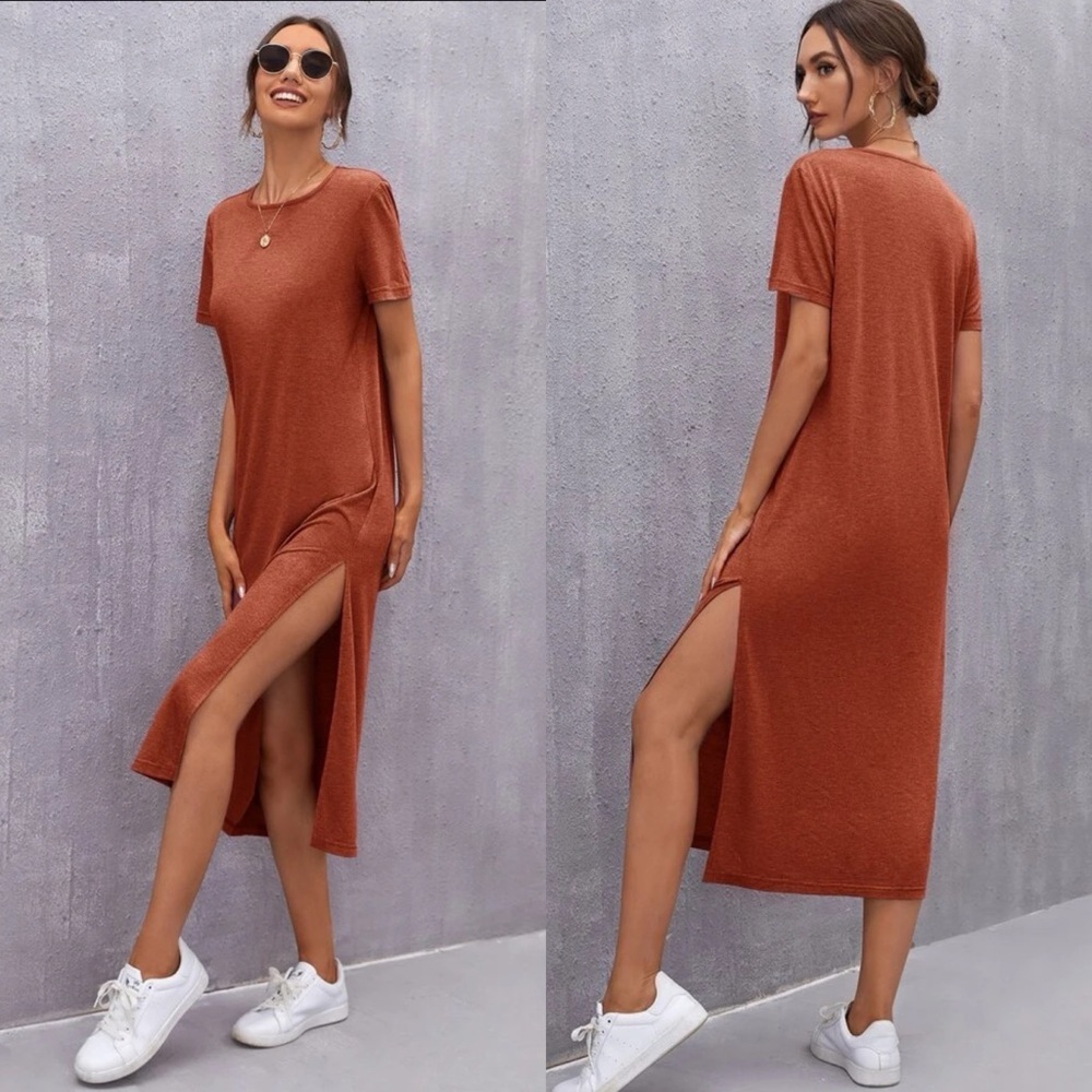 Short sleeve midi length slit tee dress casual boho black - Picture 2 of 10